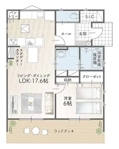 平屋間取り 17坪 | 1LDK | 東玄関