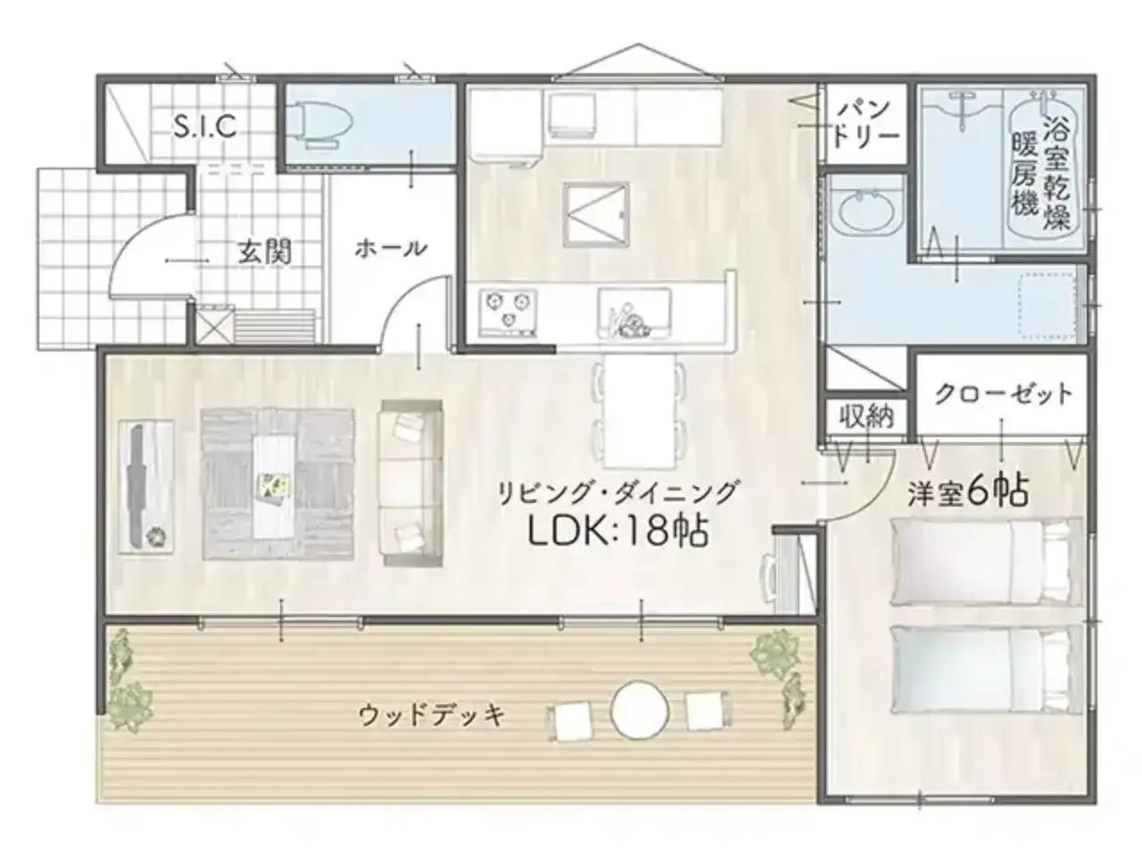 平屋間取り 17坪 | 1LDK・ワイド | 西玄関