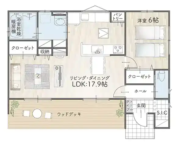 平屋間取り 17坪 | 1LDK・ワイド | 南東玄関