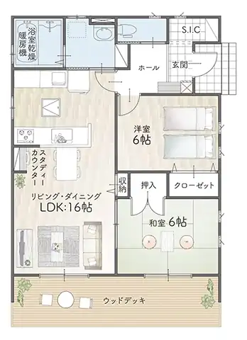 平屋間取り 19坪 | 2LDK | 東玄関