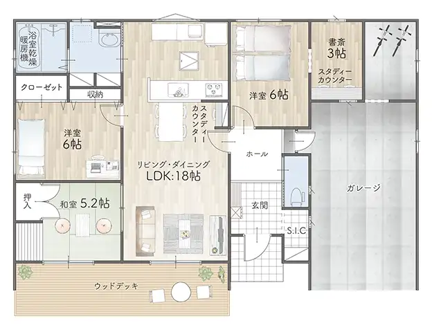 平屋間取り 33坪 | 3LDK | 南玄関・東フルインナーガレージ