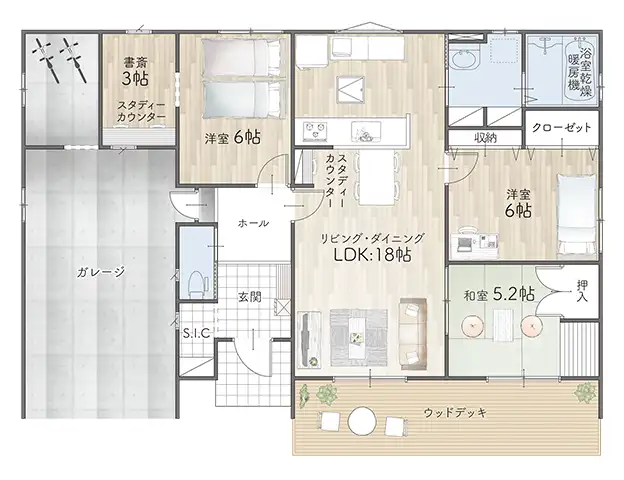 平屋間取り 33坪 | 3LDK | 南玄関・西フルインナーガレージ