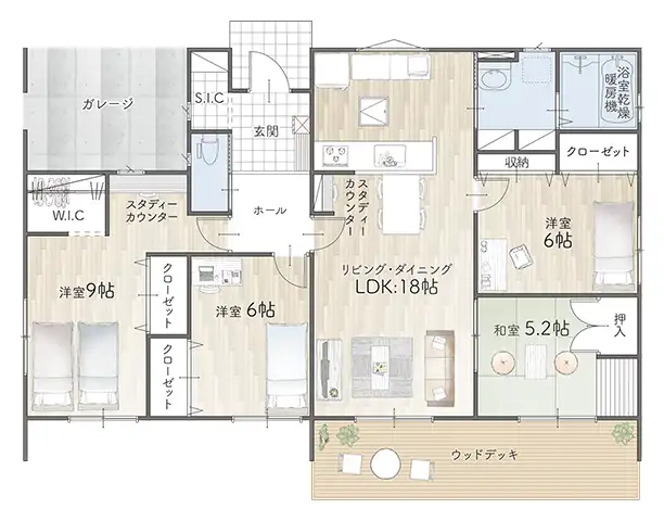 平屋間取り 33坪 | 4LDK | 北玄関・北西ガレージ