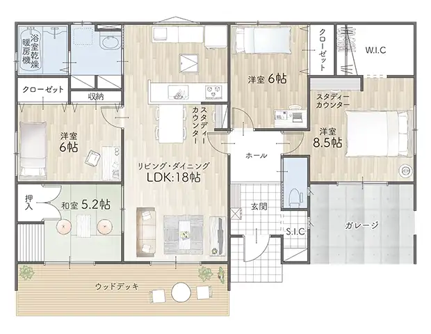 平屋間取り 33坪 | 4LDK | 南玄関・南東ガレージ